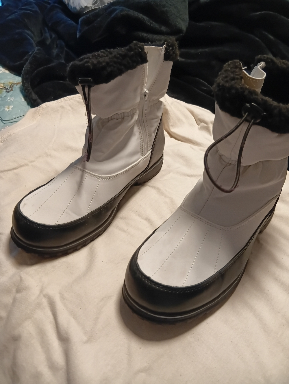 Mariana White and Black Winter Rain Boots with Faux Fur Cuff